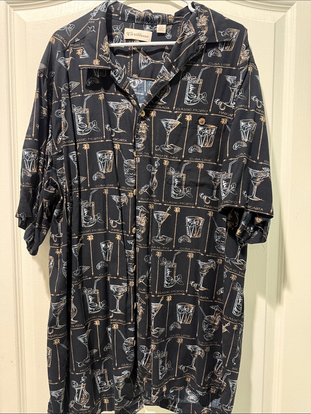 Caribbean Black Short-Sleeve Button-Down with Cocktail Print